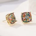 Colorful Square Crystal Stud Earrings Brass Women Turquoise Multicolor Silver Gold Elegant Party Fashion Jewelry