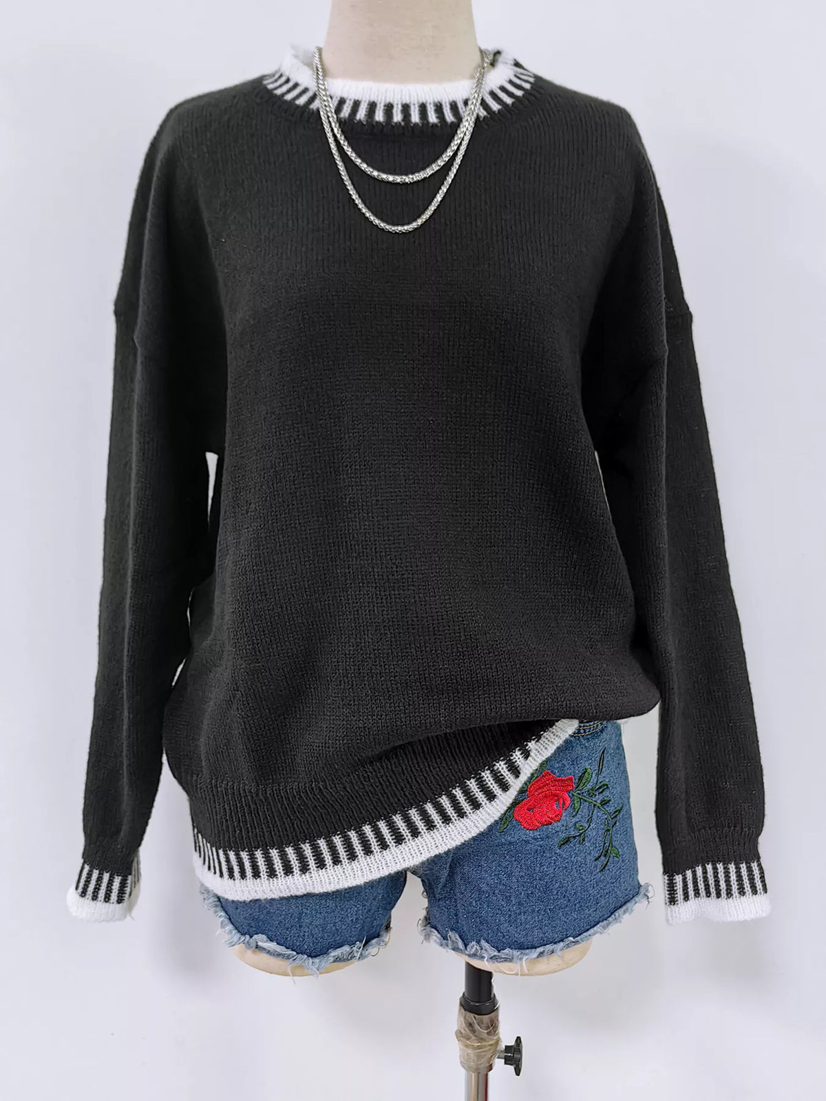 Contrast Trim Crew Neck Drop Shoulder Sweater