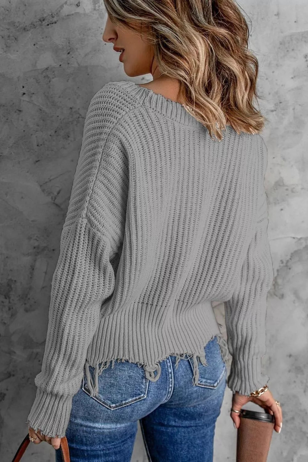 Full Size Raw Hem V-Neck Sweater Plus Size