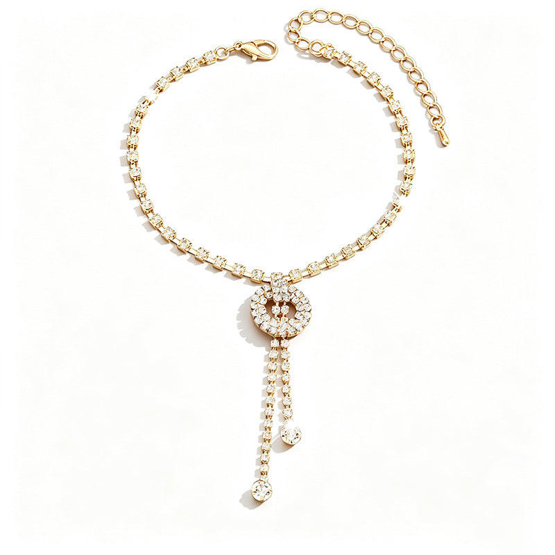 Womens Summer Simple Rhinestone Tassel Geometric Anklet,Adjustable Thin Costume Foot Jewelry For Beach Daily Wear