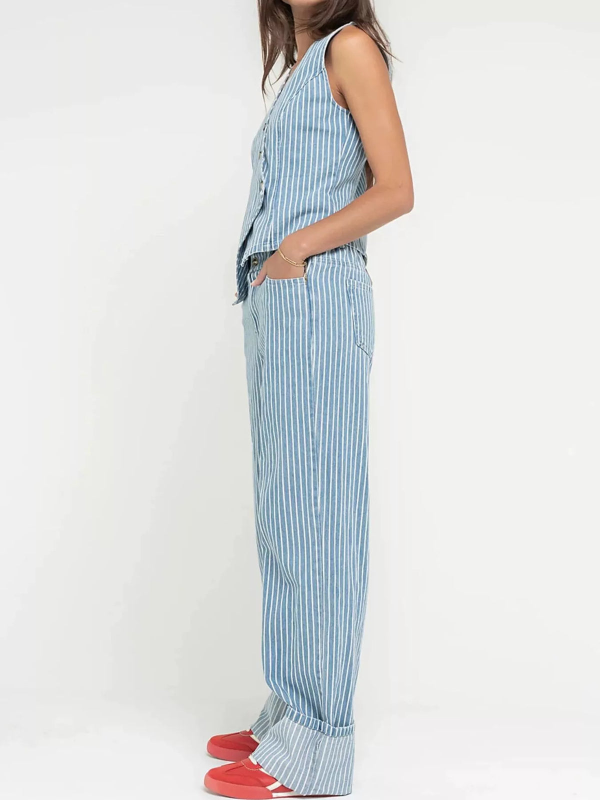 Striped Button Up Sleeveless Top and Jeans Denim Set