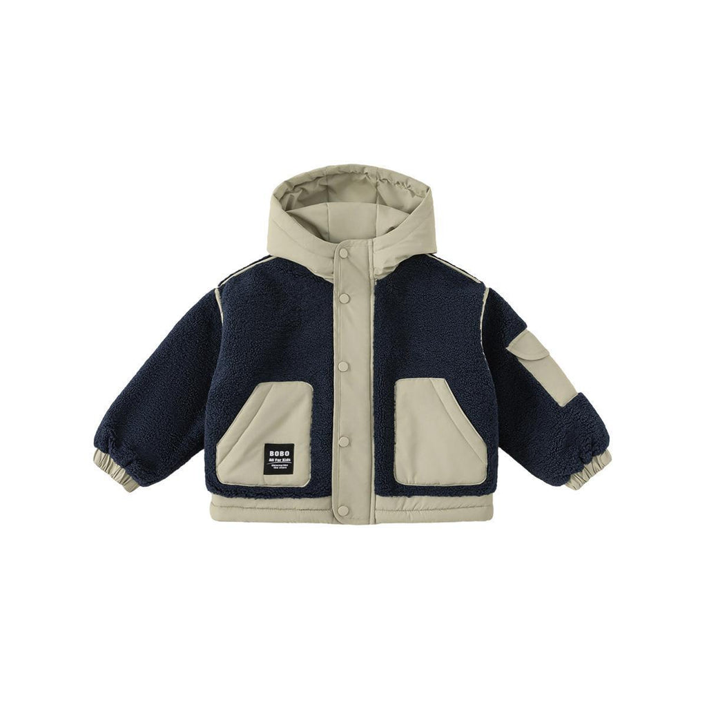 Boys Cotton-padded Coat With Color-block Design And A Plush Hood