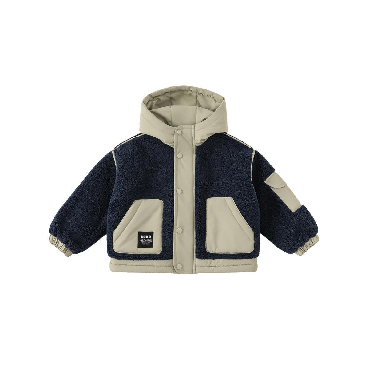 Boys Cotton-padded Coat With Color-block Design And A Plush Hood