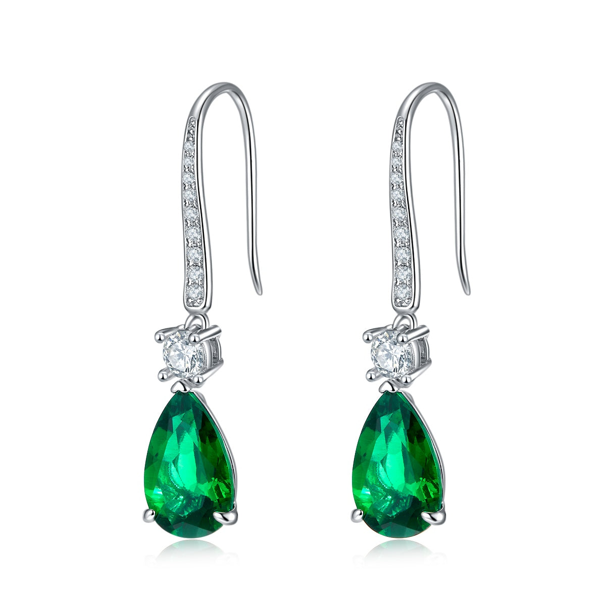 S925 Silver 2.8g Lab-Created Emerald Dangle Earrings, 11x7mm 0.6ct Pear Pair
