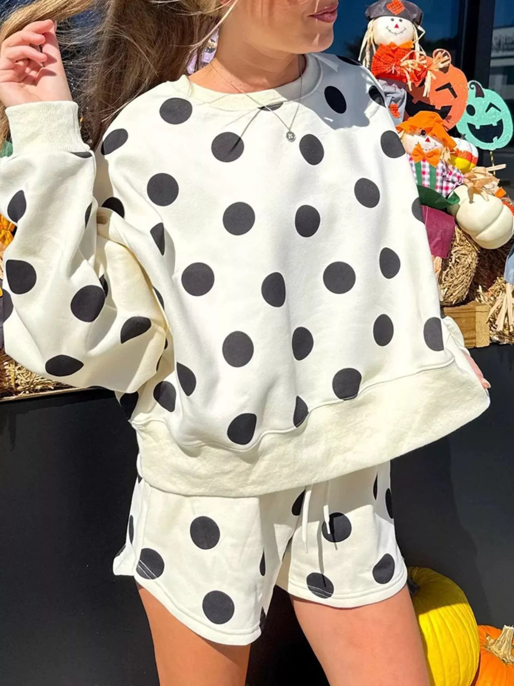 Polka Dot Crewneck Sweatshirt and Shorts Set