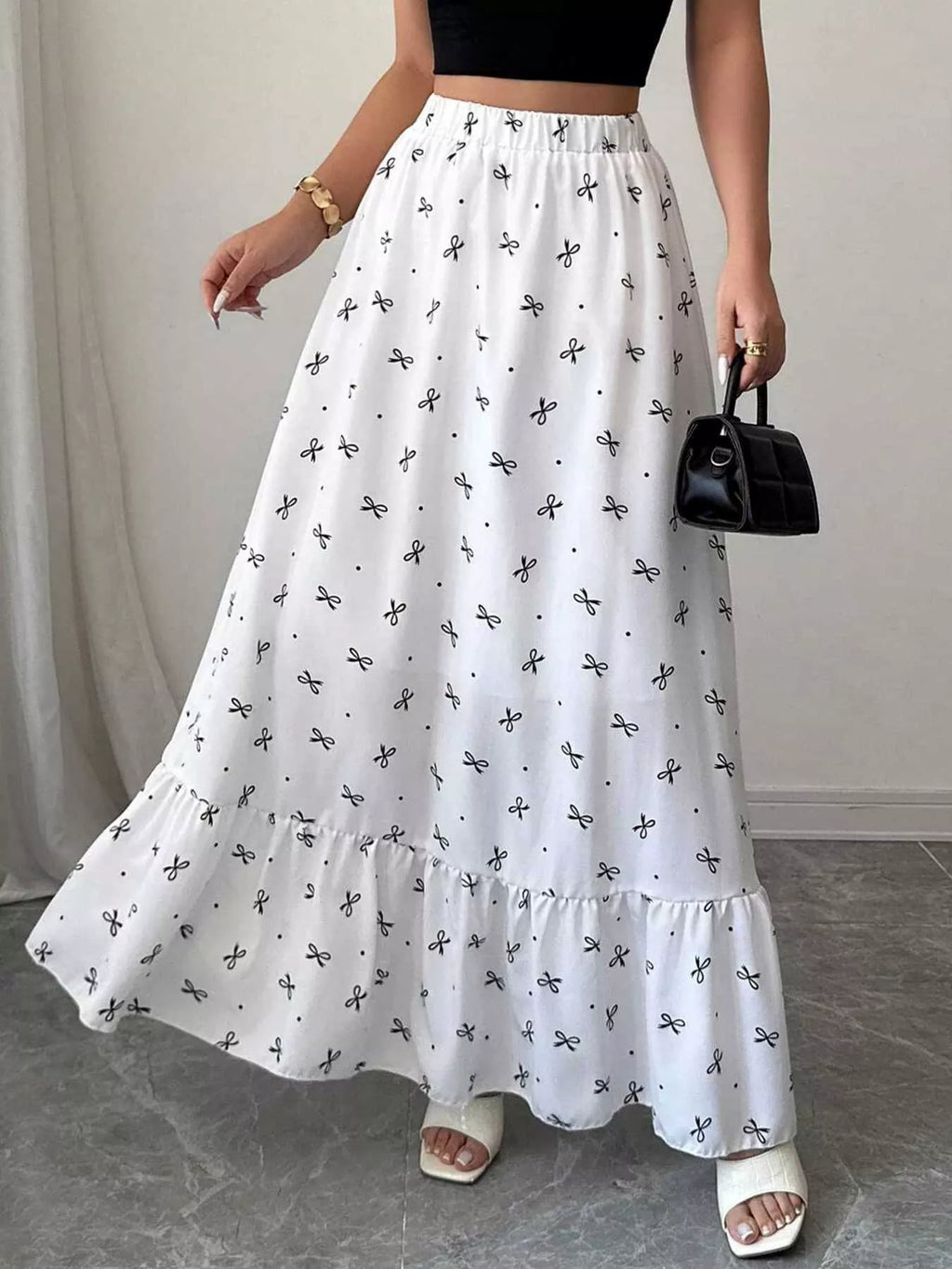 Bowknot Print Ruffle Hem Maxi Skirt