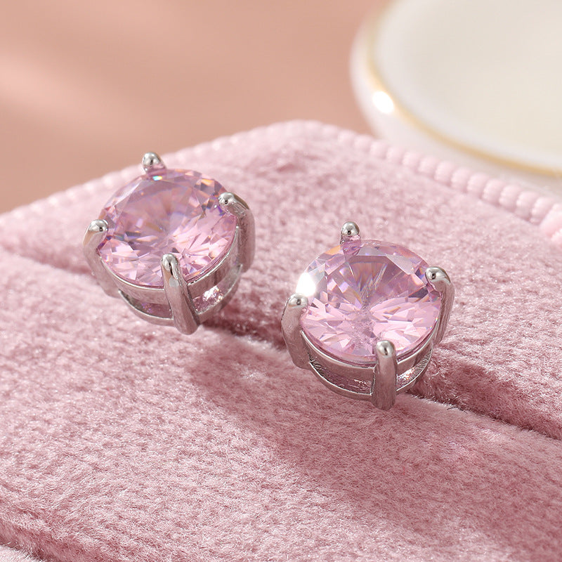 Blush Round Crystal Stud Earrings Silver Tone Brass Women Elegant Daily Party Fashion Jewelry Sparkling