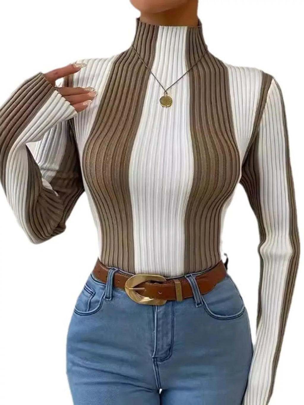 Color Block Turtleneck Ribbed Knit Top