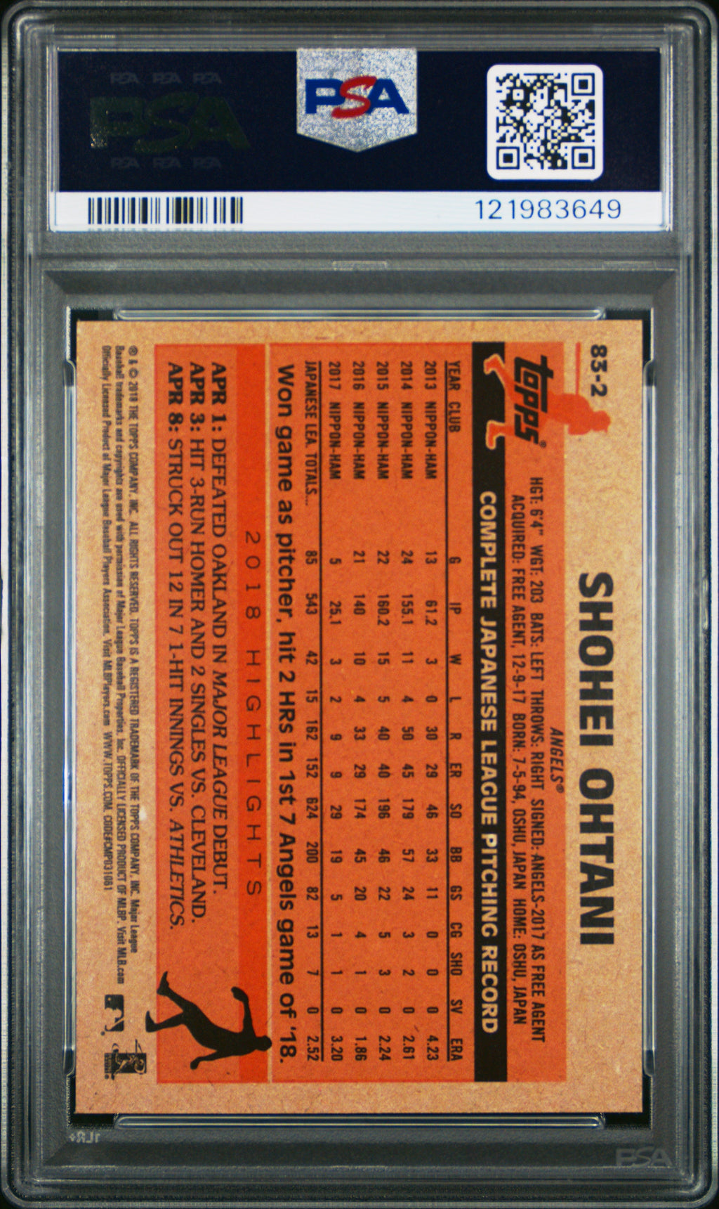 Graded 2018 Topps Shohei Ohtani #83-2 1983 Rookie RC Baseball Card PSA 10 Gem Mint
