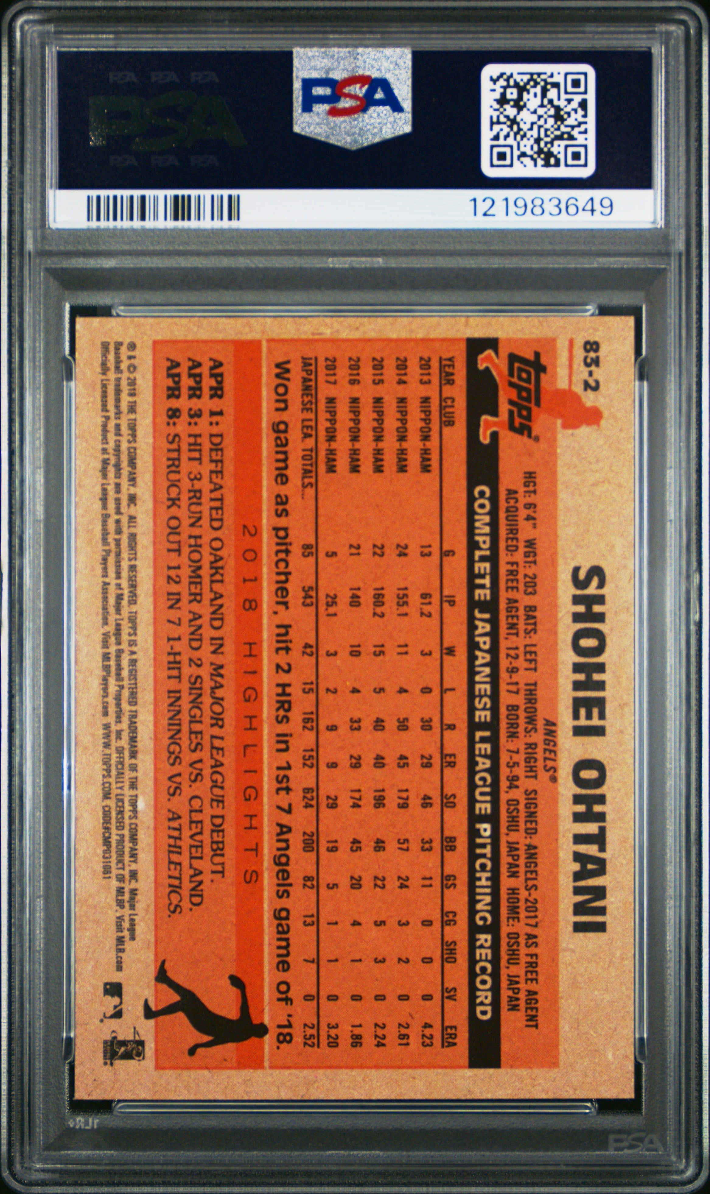 Graded 2018 Topps Shohei Ohtani #83-2 1983 Rookie RC Baseball Card PSA 10 Gem Mint