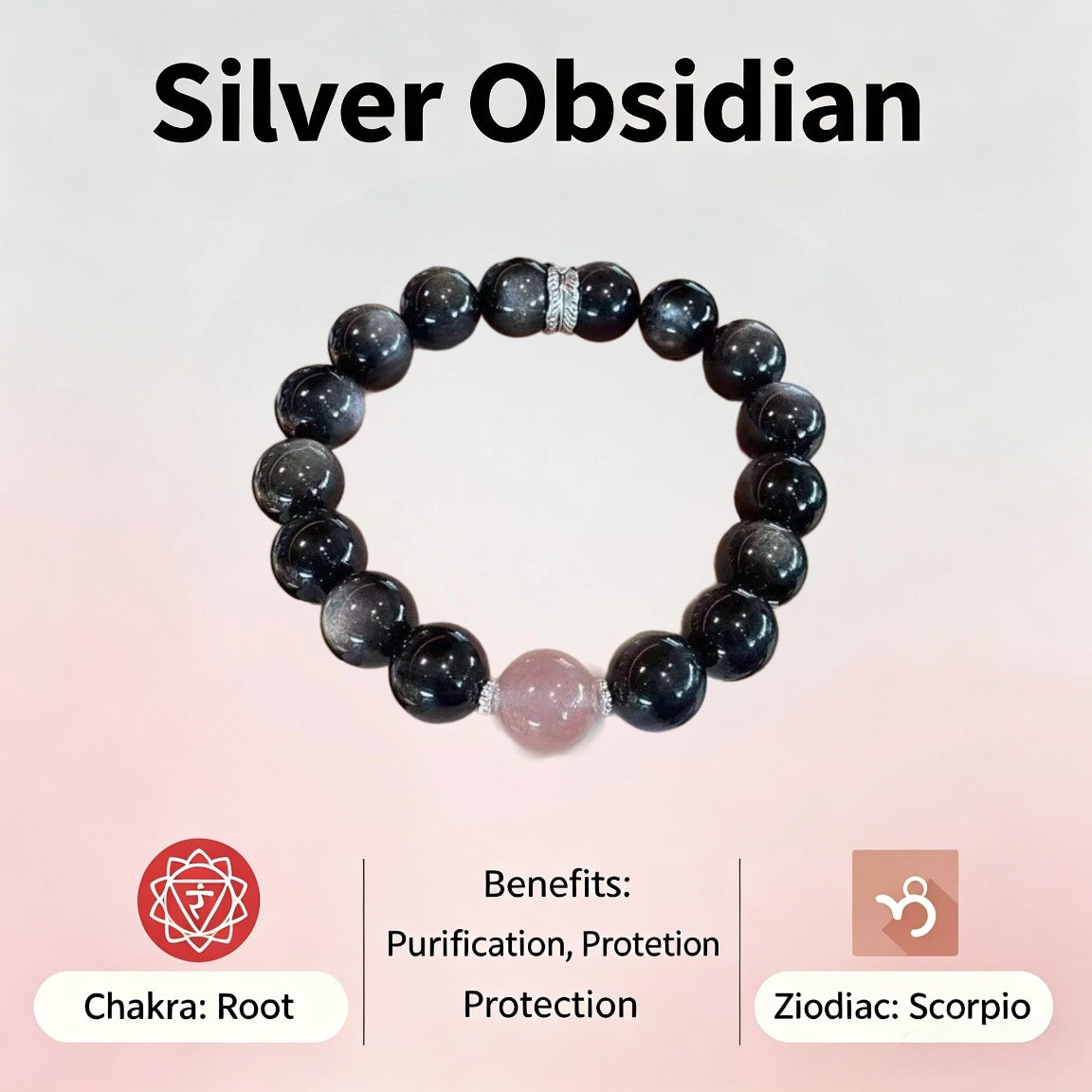 Silver Obsidian Root Chakra Bracelet - Purification & Protection