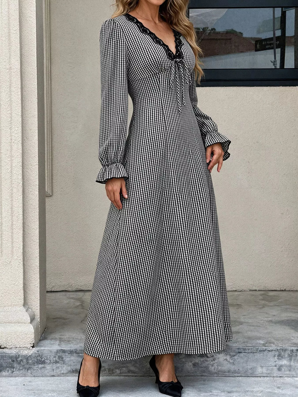 Gingham Lace-Trim V-Neck Long Sleeve A-Line Maxi Dress