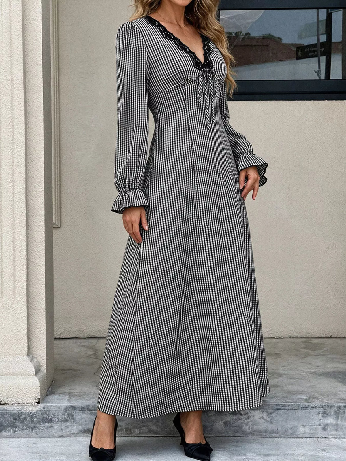Gingham Lace-Trim V-Neck Long Sleeve A-Line Maxi Dress