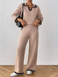 Contrast Trim Polo Collar Top and Pants Sweater Set