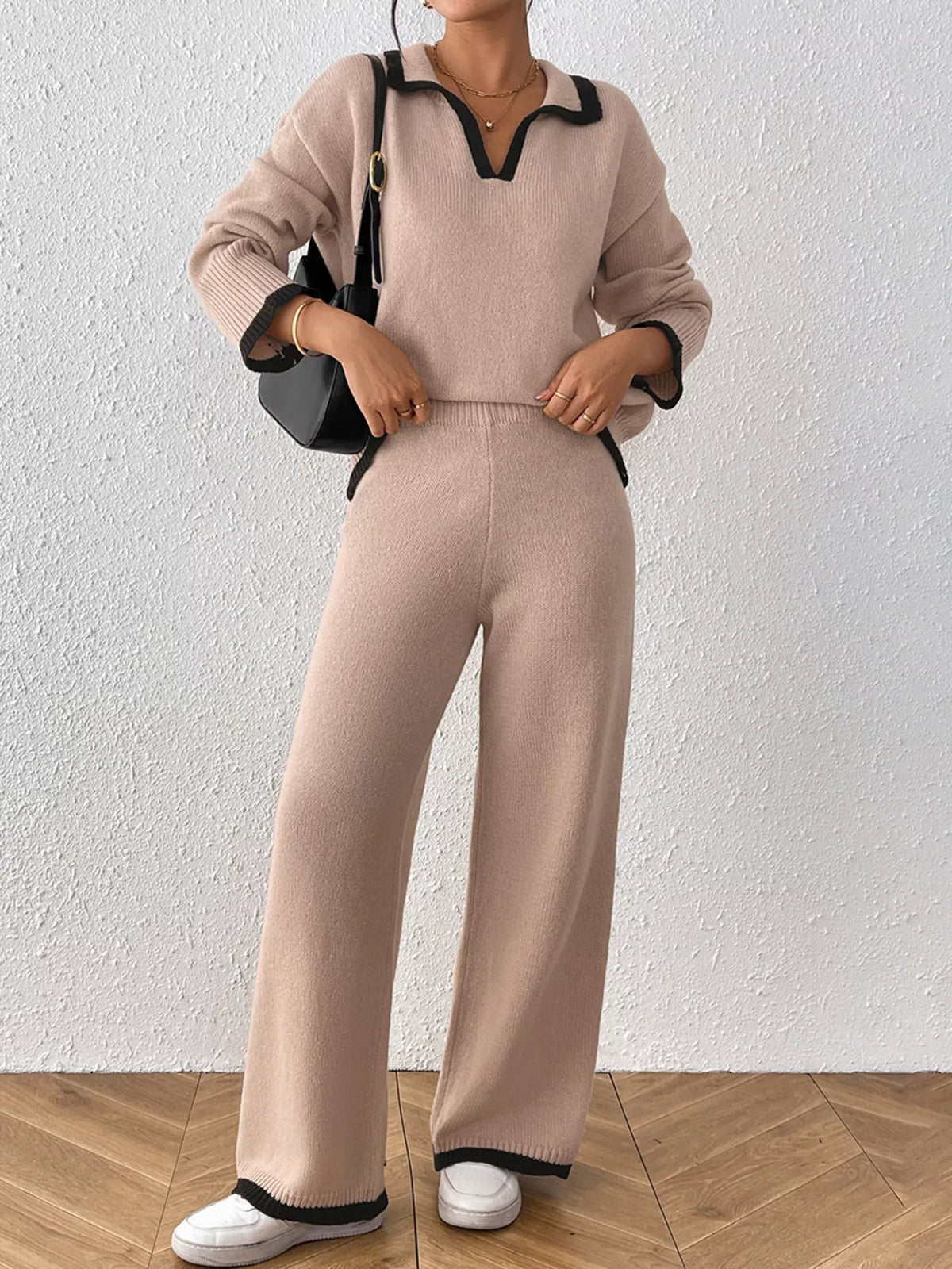 Contrast Trim Polo Collar Top and Pants Sweater Set