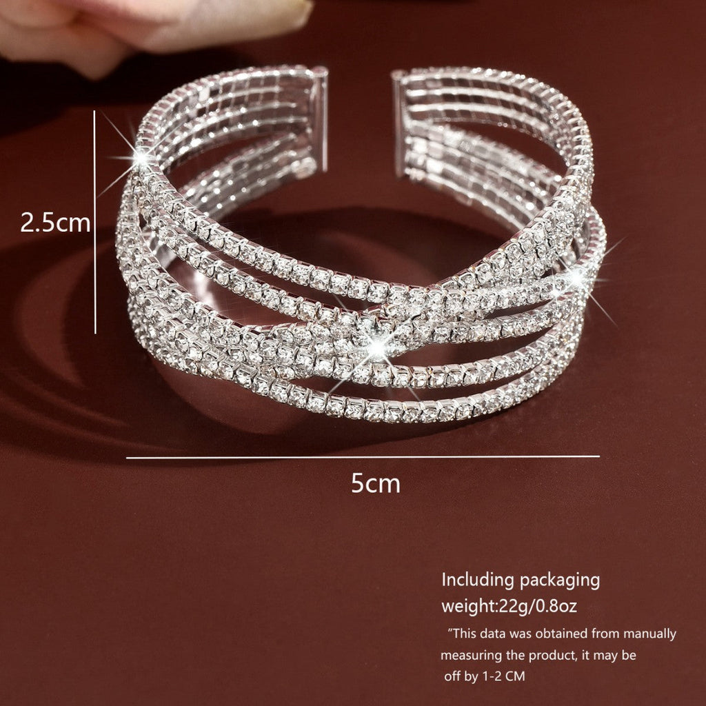 Eco-friendly Full Zircon Cross C Shape Wide Open Elastic Bangle Statement Women Wrist Jewelry For Banquet Party Occasions