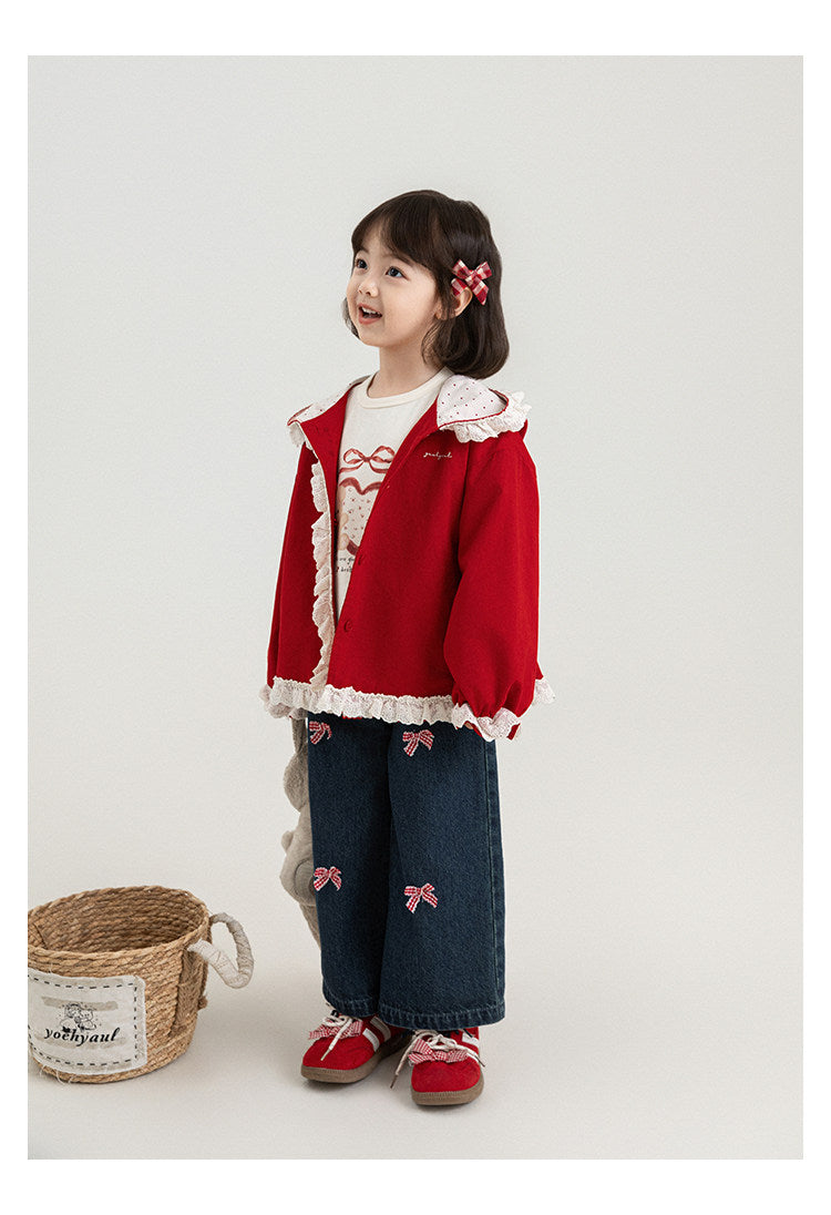 Bow-Embroidered Denim Wide-Leg Jeans For Girls