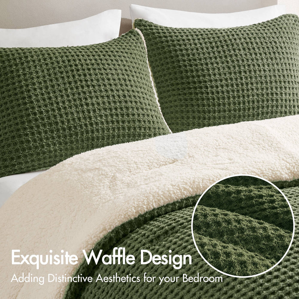 3 Pieces Full/Queen Waffle Knit Chenille Comforter Set - Olive