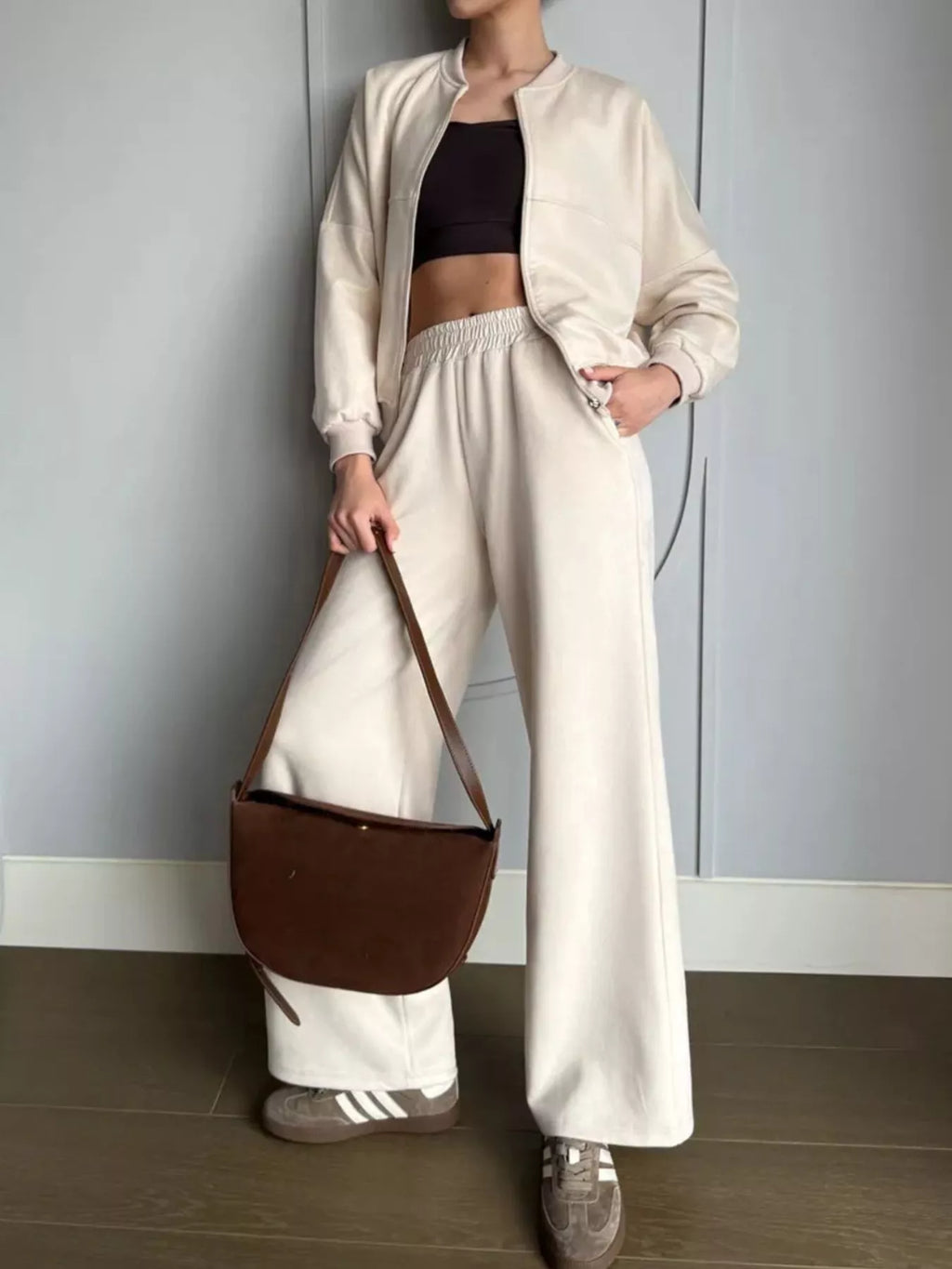 Zip Up Sweatshirt and Wide-Leg Pants Set