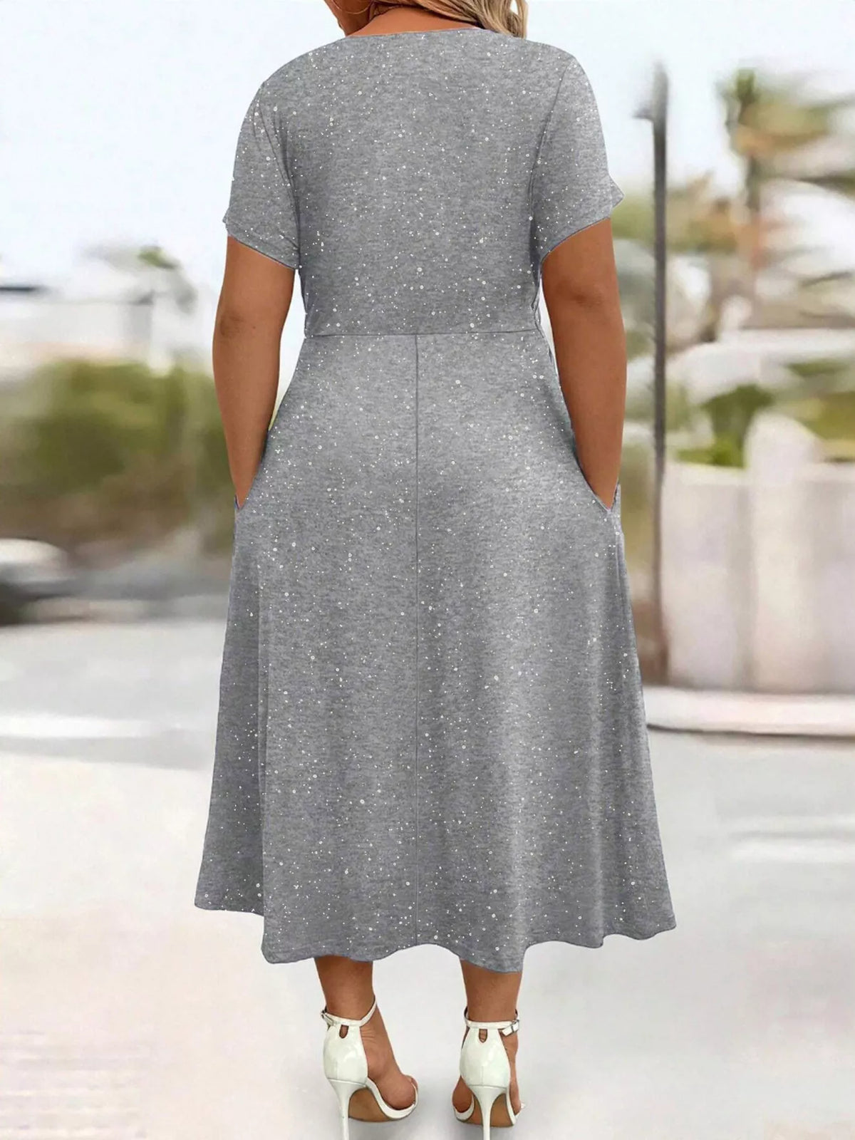 Full Size Glitter Flutter Sleeve Midi Dress Plus Size