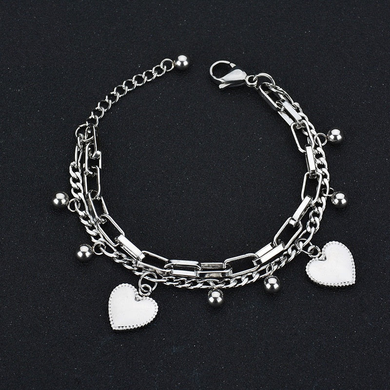 Stainless Steel Mixed Chain Heart Charm Bracelet For Women