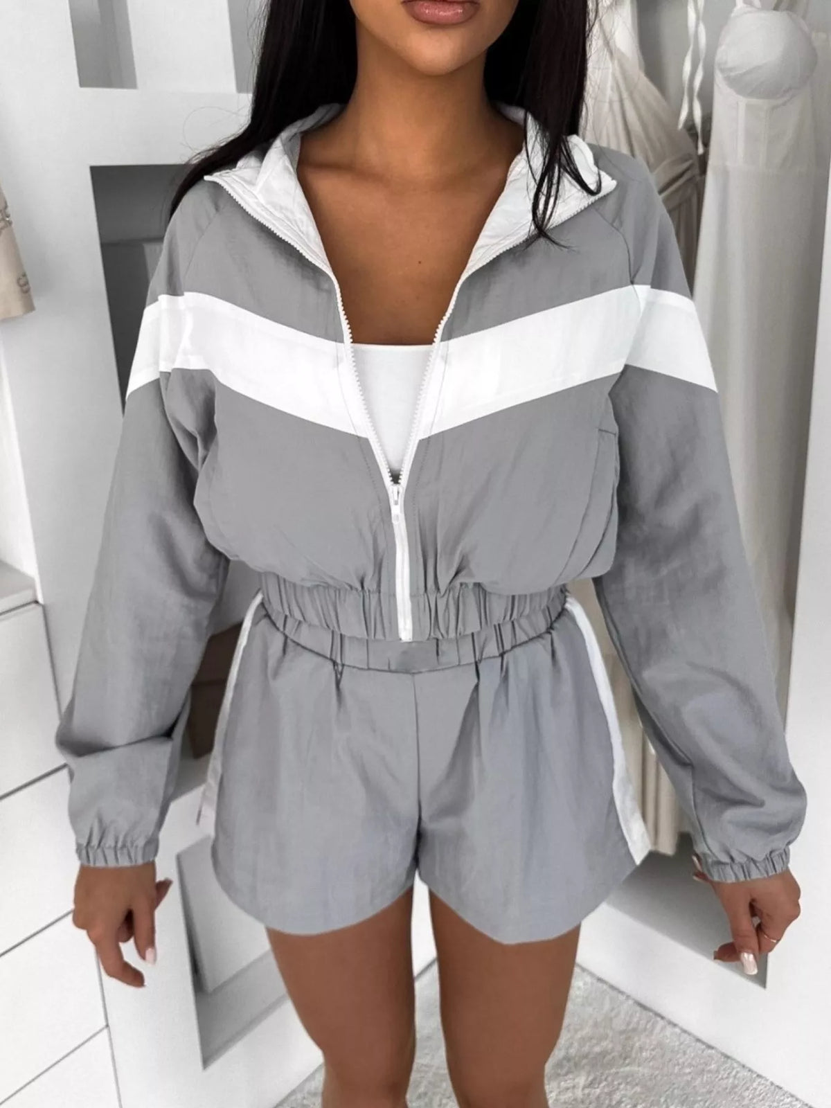 Color Block Zip-Up Jacket and Shorts Two-Piece Set