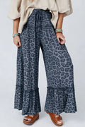 Leopard Print Frilled Detail Drawstring Wide Leg Pants