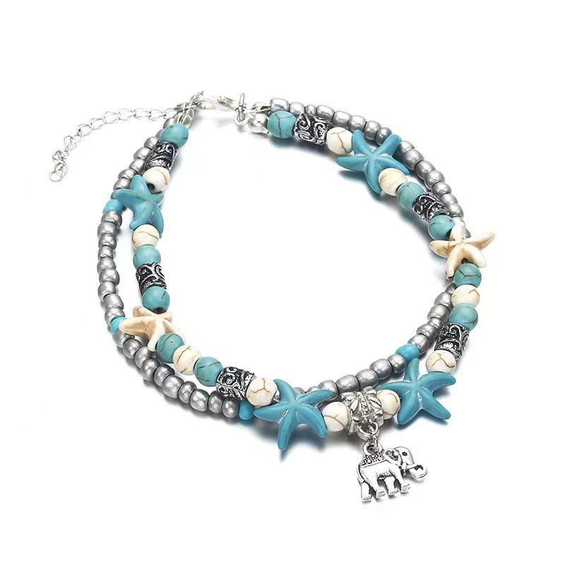 Retro Rice Grain Pearl Turtle Scallop Alloy Pendant Anklet