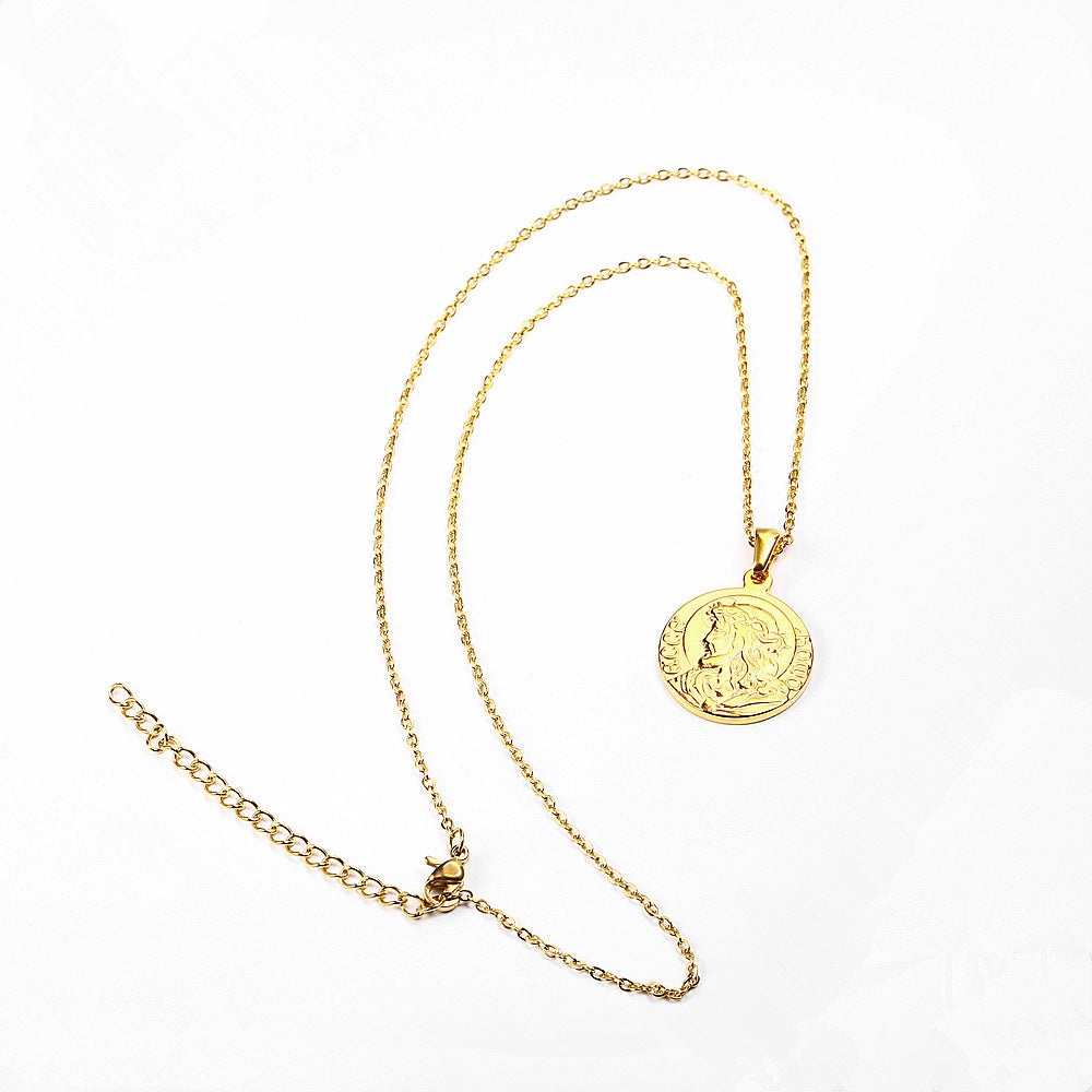 Geometric Profile Coin Titanium Steel Necklace