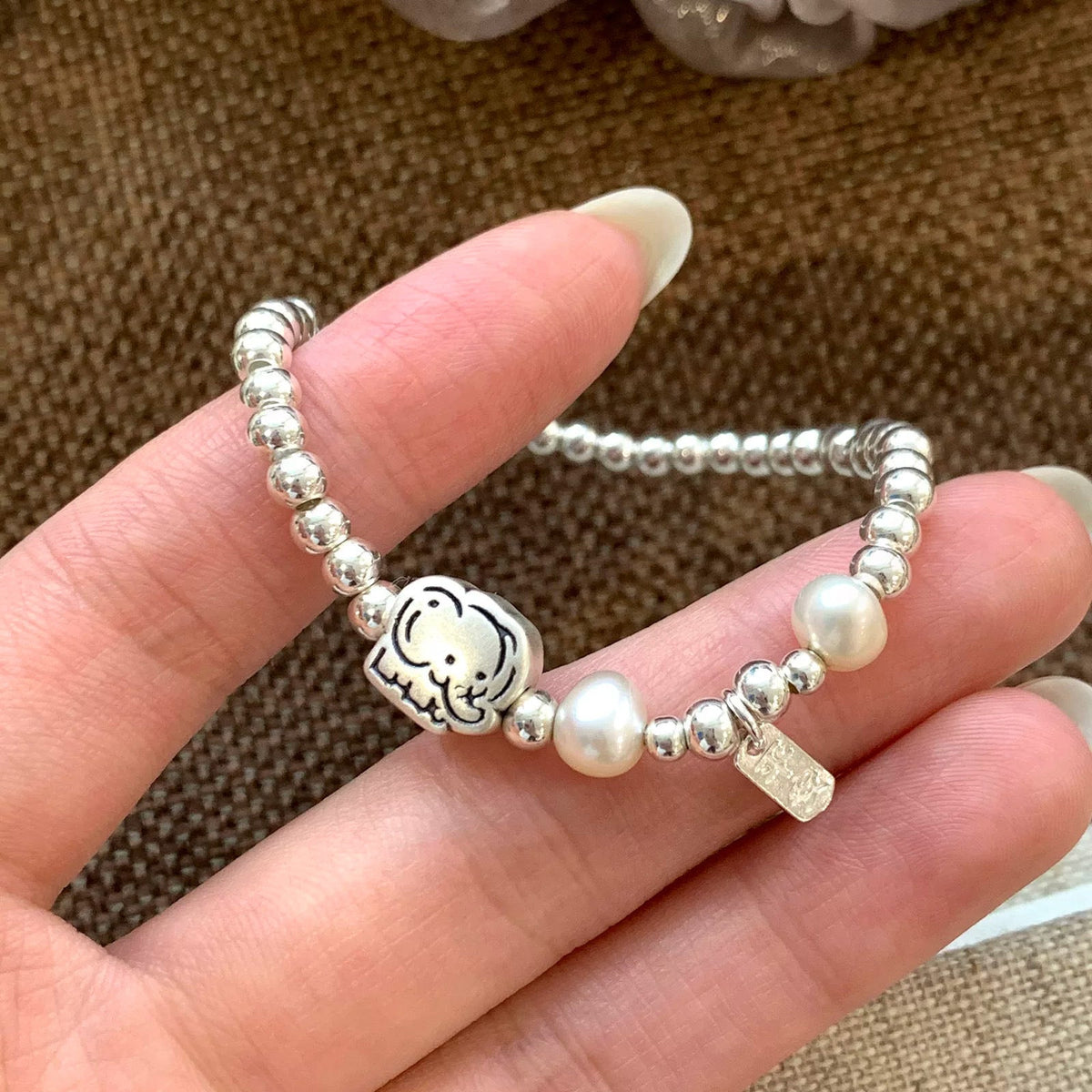 Women New Simple Cute Elephant Pearl Spliced Elastic Beaded Bracelet, Lovely Peace Small Tag Versatile Personalized Wrist Jewelry