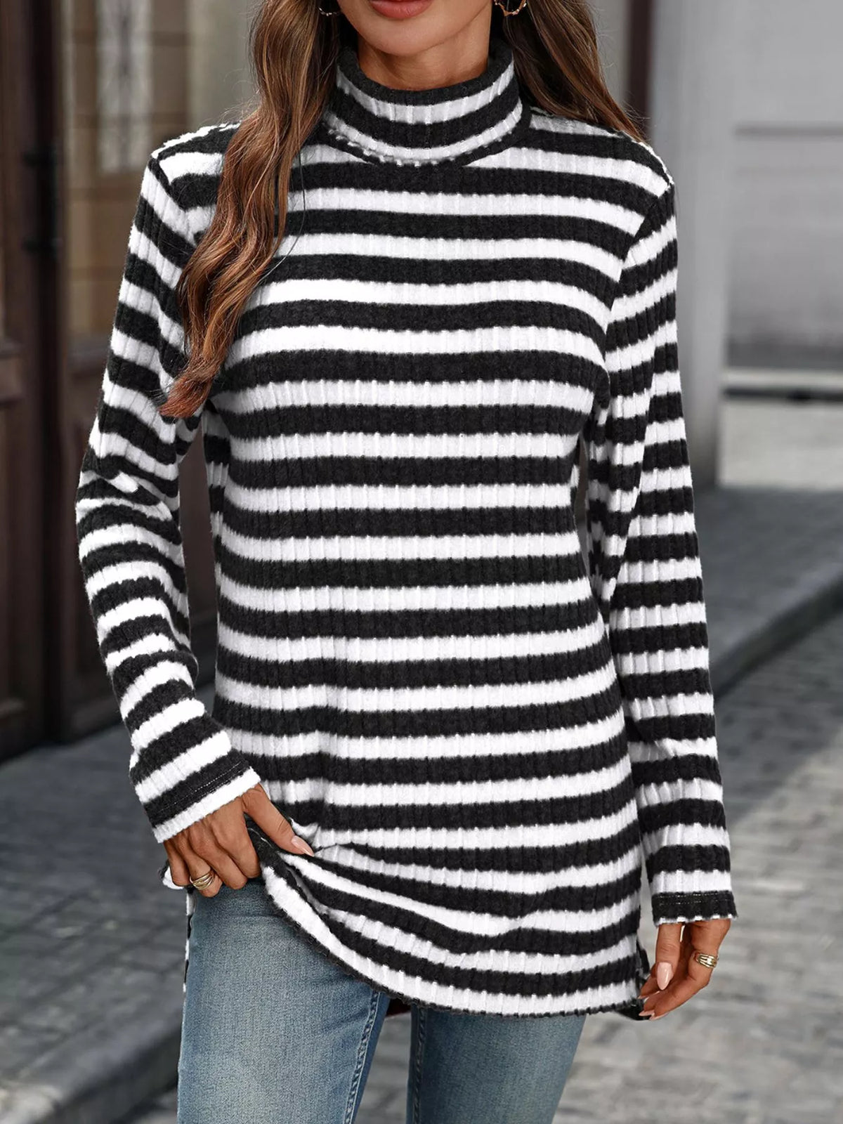 Striped Ribbed Knit Turtleneck Long Sleeve T-Shirt