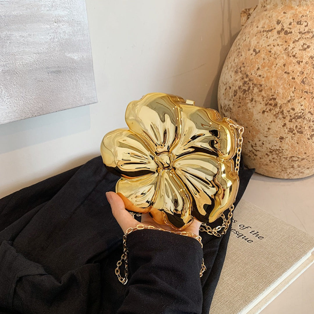Elegant Flower Gold Acrylic Bag – Mini Dinner Bag & Prom Bag for Weddings, Parties, and Evenings – Stylish Clutch Purse with Glamorous Floral Design