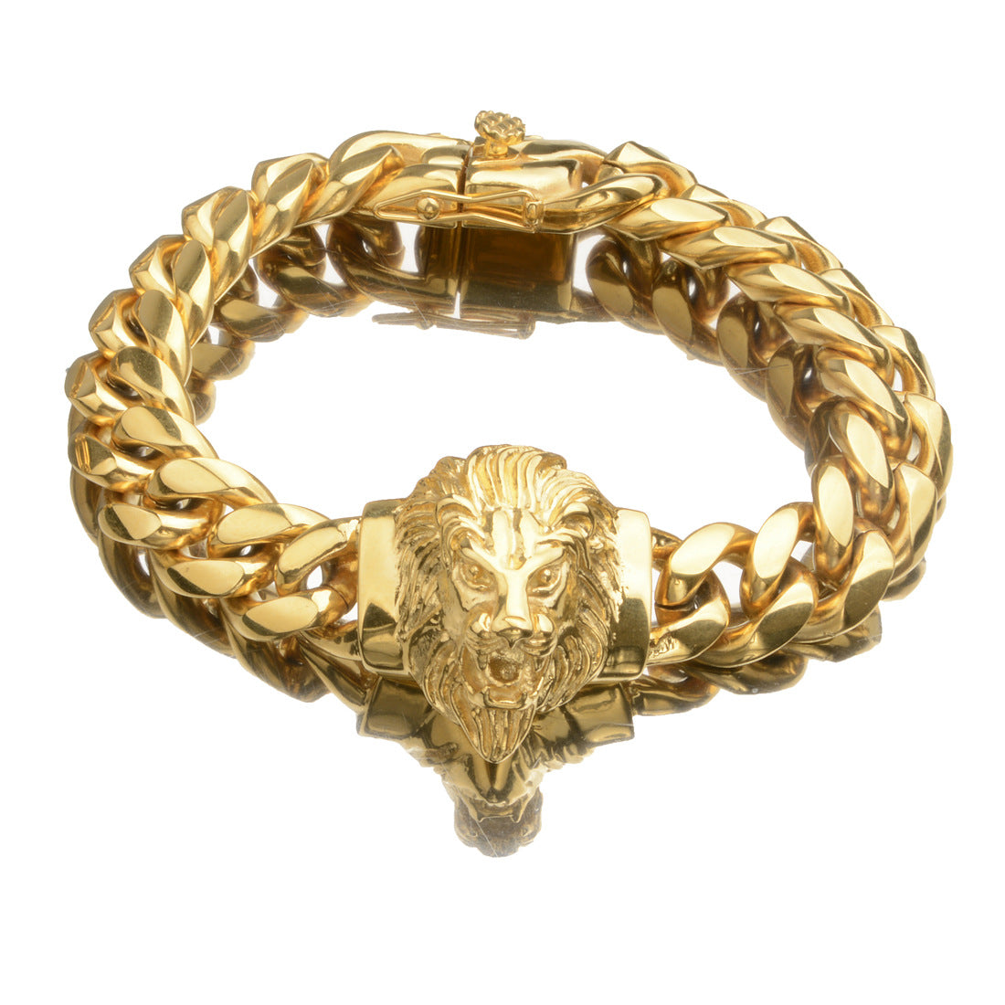 14mm-wide Lion-head Stainless Steel Titanium Alloy Gold-plated Buckle Cuban Mens Bracelet