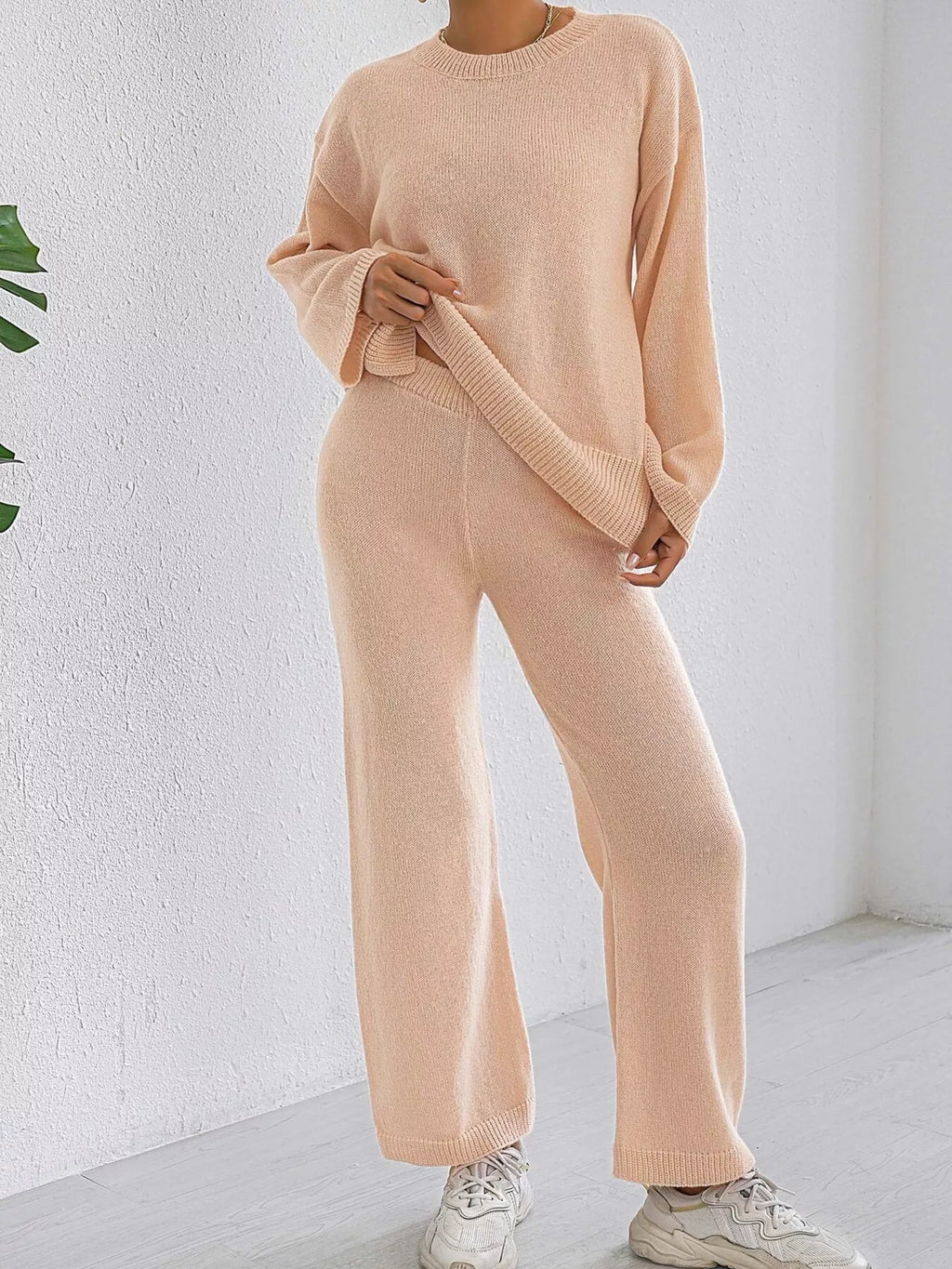 Dropped Shoulder Top and Pants Sweater Set