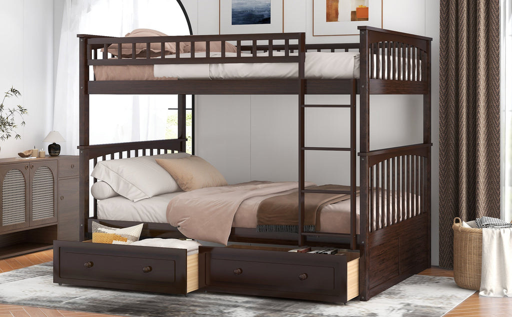 Full Over Full Bunk Bed With Drawers, Convertible Beds, Gray