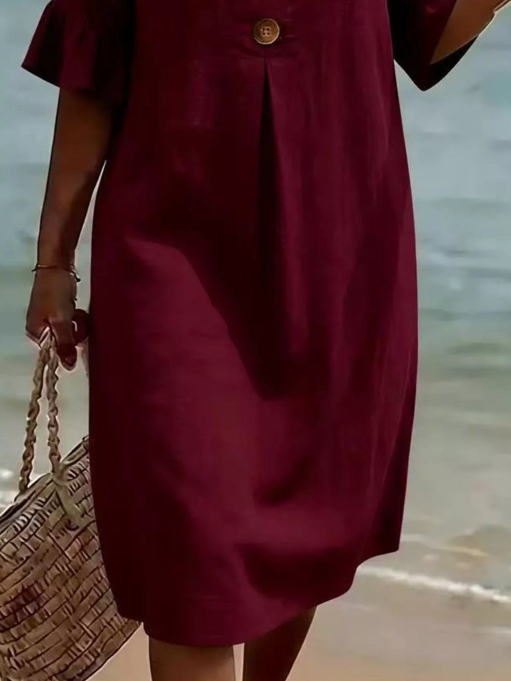 Full Size Decorative Button Ruffle Half Sleeve Dress Plus Size
