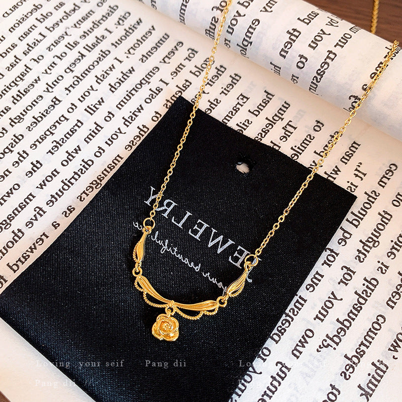 French Vintage Lace Skirt Rose Flower Pendant Clavicle Chain Necklace Women Neck Jewelry For Daily Dating Banquet Party Occasions