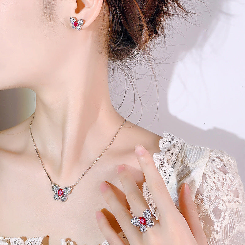 Fashionable Butterfly Ruby Earrings Necklace And Ring