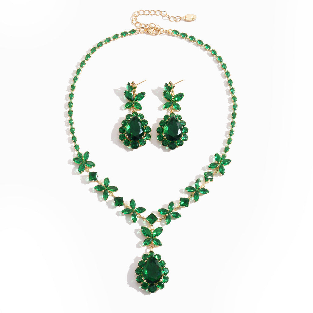Womens Two-Piece Zircon Flower Drop Geometric Necklace Set