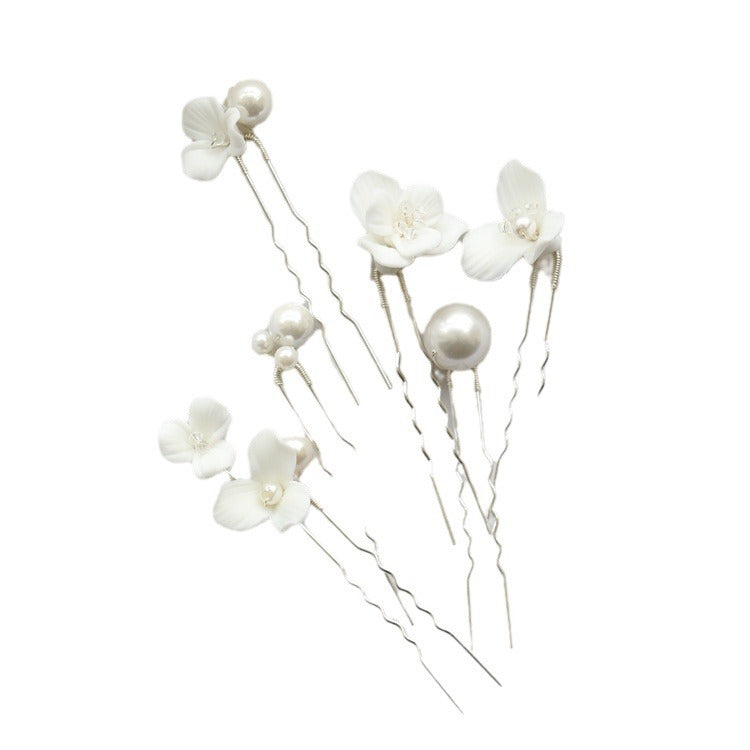 Ceramic Flower Pearl Embellished Bridal Hairpin Hair Plug Simple Hair Accessories