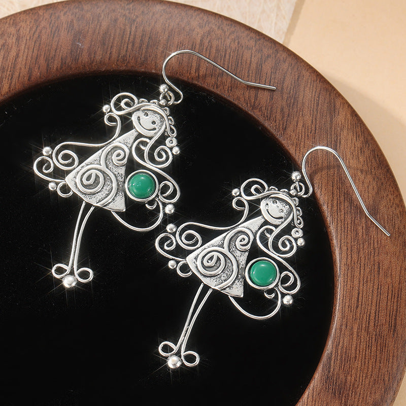 Vintage Woman Silhouette Drop Earrings Silver Tone Brass Green Stone Artistic Boho Daily Fashion Jewelry