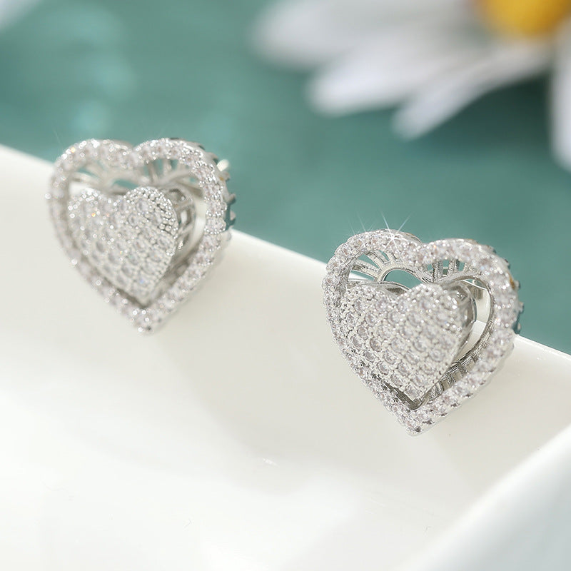 Sparkling Heart Crystal Stud Earrings Silver Tone Brass Women Elegant Wedding Party Fashion Jewelry Statement