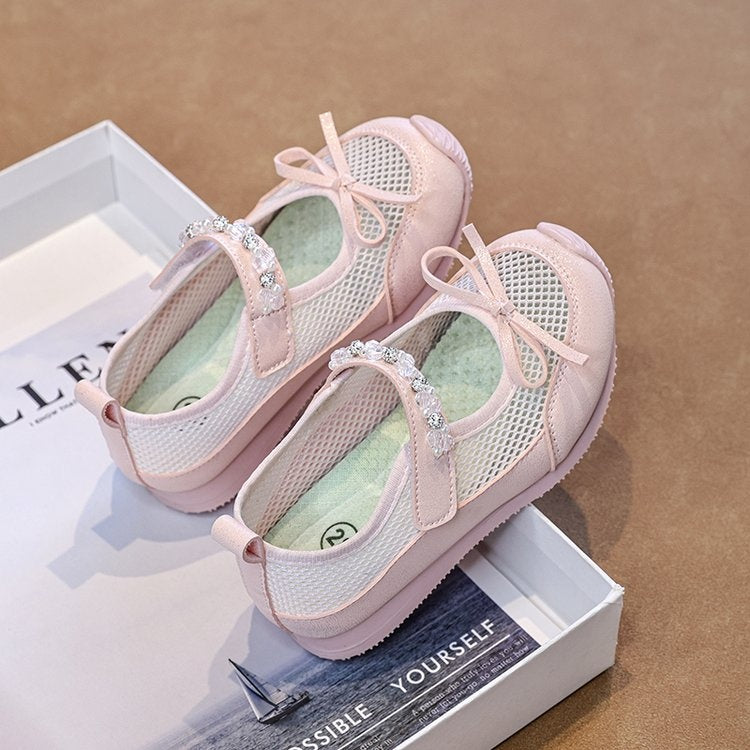 2026 Summer New Girls Ballet Shoes, Mary Jane Sandals With Bow & Rhinestone, Breathable Soft Sole Kids Shoes