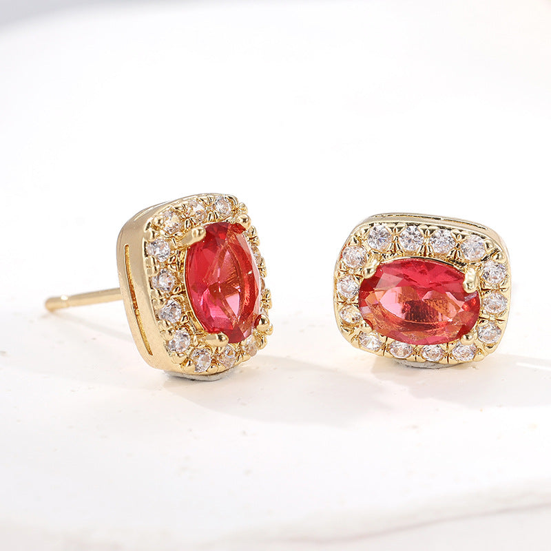 Elegant Rose Red Oval Crystal Stud Earrings Gold Tone Brass Women Party Fashion Jewelry Sparkling