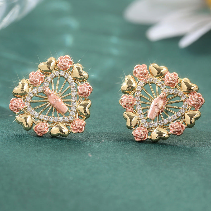 Vintage Floral Heart Cameo Hoop Earrings Gold Tone Brass Women Romantic Party Fashion Jewelry Elegant