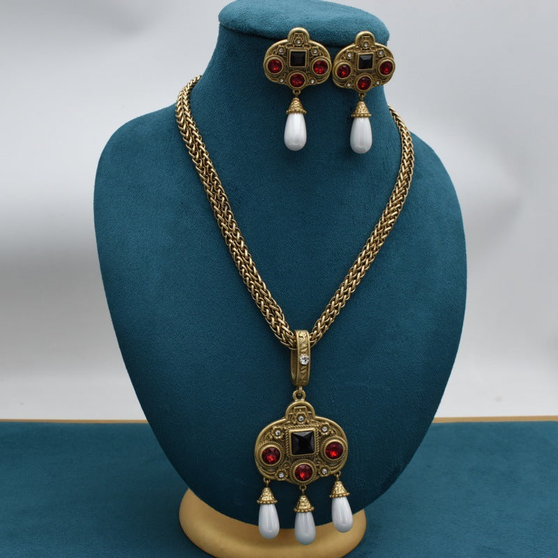 Vintage Glass Inlaid Tassel Pearl Necklace Ear Stud