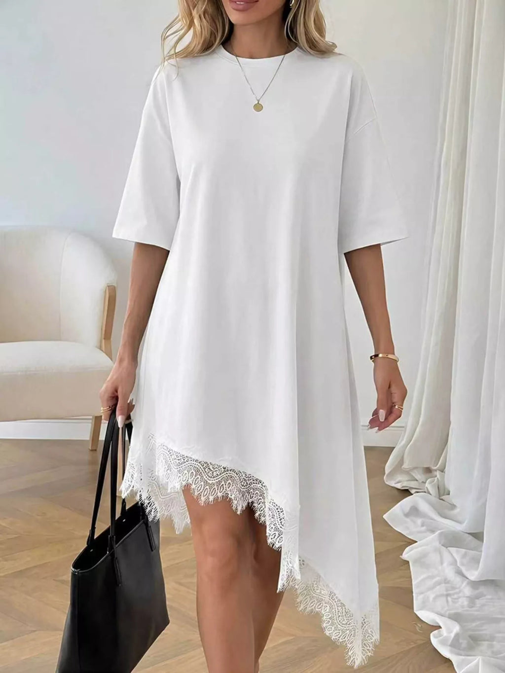 Lace Trim Asymmetrical Hem T-shirt Dress