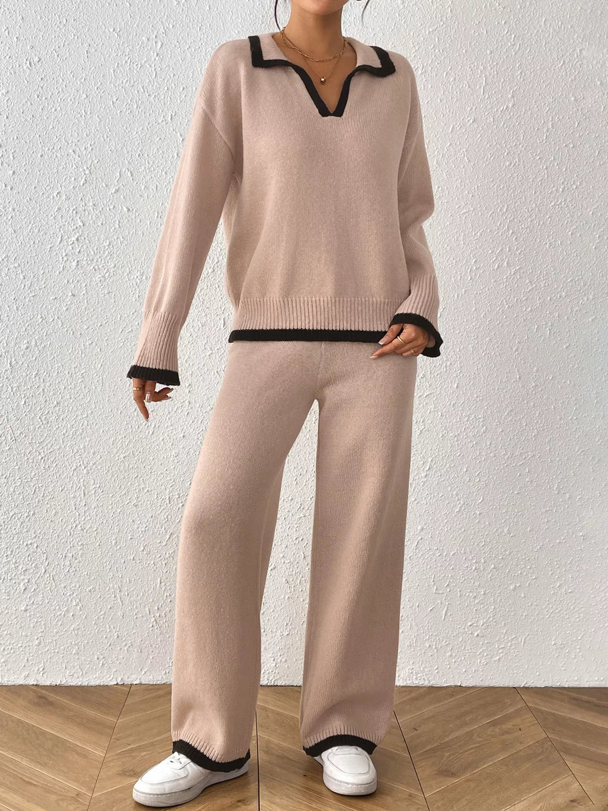 Contrast Trim Polo Collar Top and Pants Sweater Set