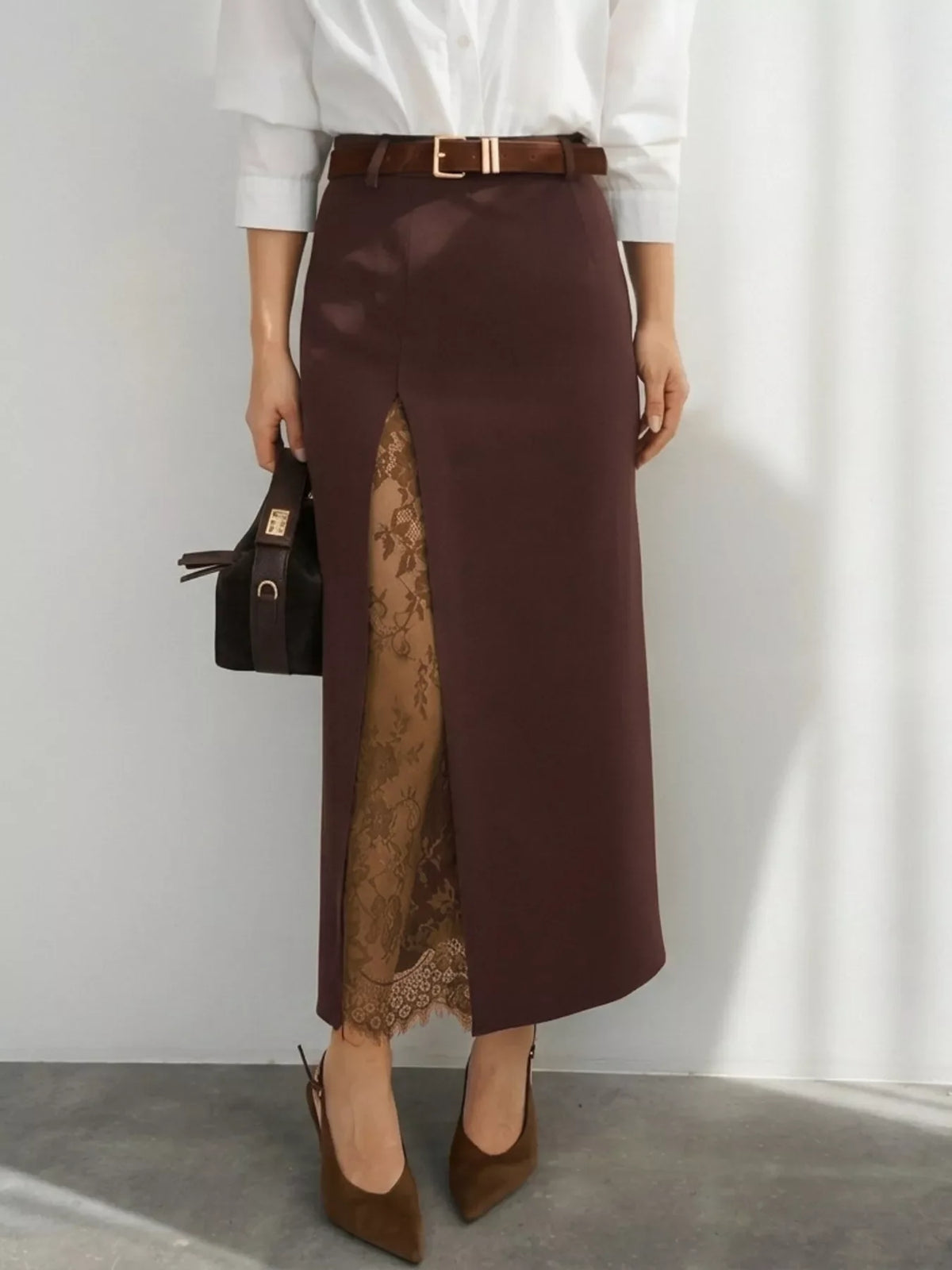 Elegant Lace-Trimmed Slit A-Line Skirt