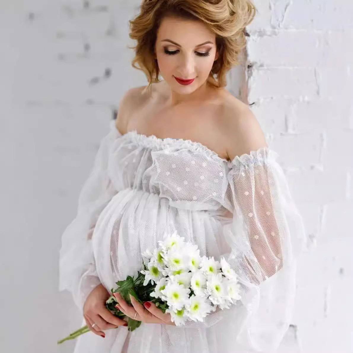 Dot Mesh Off-shoulder Puff Sleeve Pregnant Women Mopping Dress